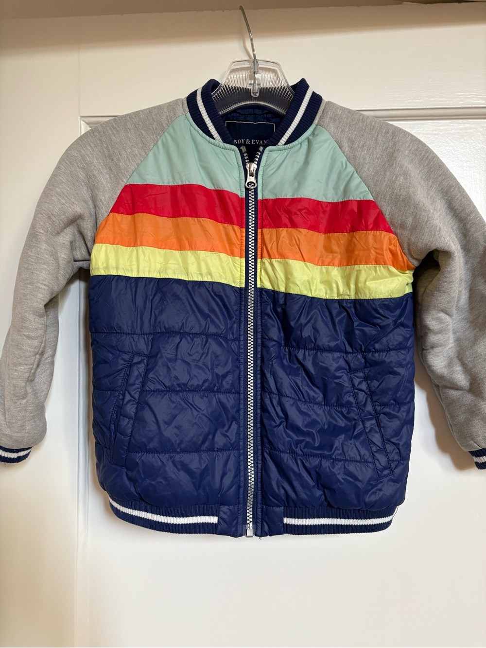 Andy & Evan Navy Puffer Jacket with Rainbow Stripes and Grey Sleeves